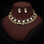 Tehzeeb Creations Black And White Colour Gold-Polished Stone Jewellery Choker Necklace Set With Matching Pair of Stud Earrings
