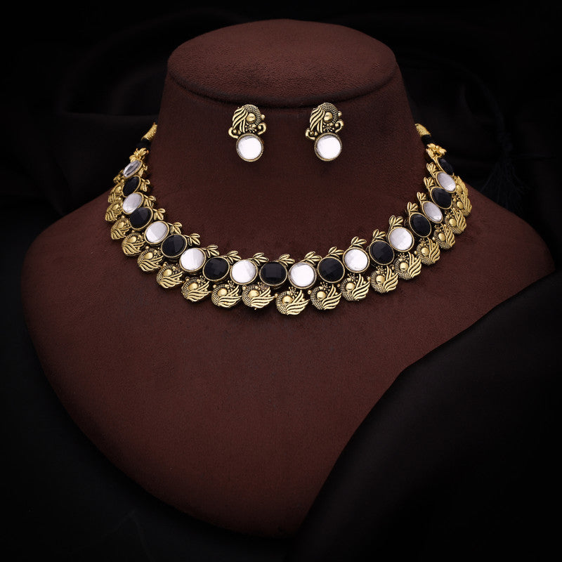 Tehzeeb Creations Black And White Colour Gold-Polished Stone Jewellery Choker Necklace Set With Matching Pair of Stud Earrings