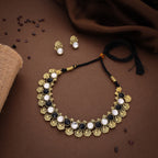 Tehzeeb Creations Black And White Colour Gold-Polished Stone Jewellery Choker Necklace Set With Matching Pair of Stud Earrings