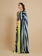Sangria Navy Blue & Green Striped Satin Saree - Distacart