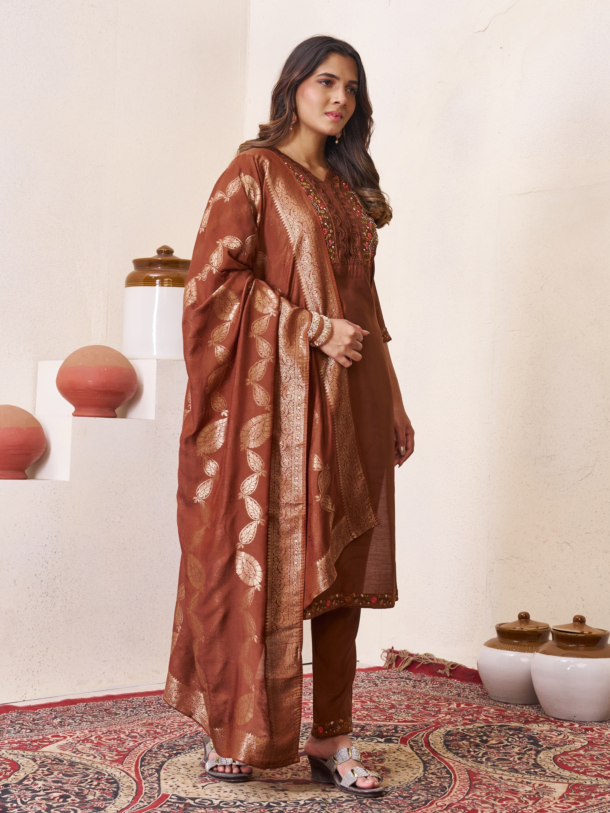 Vedant Vastram Roman Silk Hand Work & Embroidery Work Stitched Kurta Pant Dupatta Set-Brown - Distacart