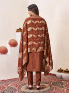 Vedant Vastram Roman Silk Hand Work & Embroidery Work Stitched Kurta Pant Dupatta Set-Brown - Distacart