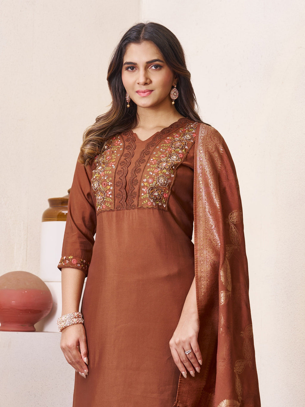 Vedant Vastram Roman Silk Hand Work & Embroidery Work Stitched Kurta Pant Dupatta Set-Brown - Distacart