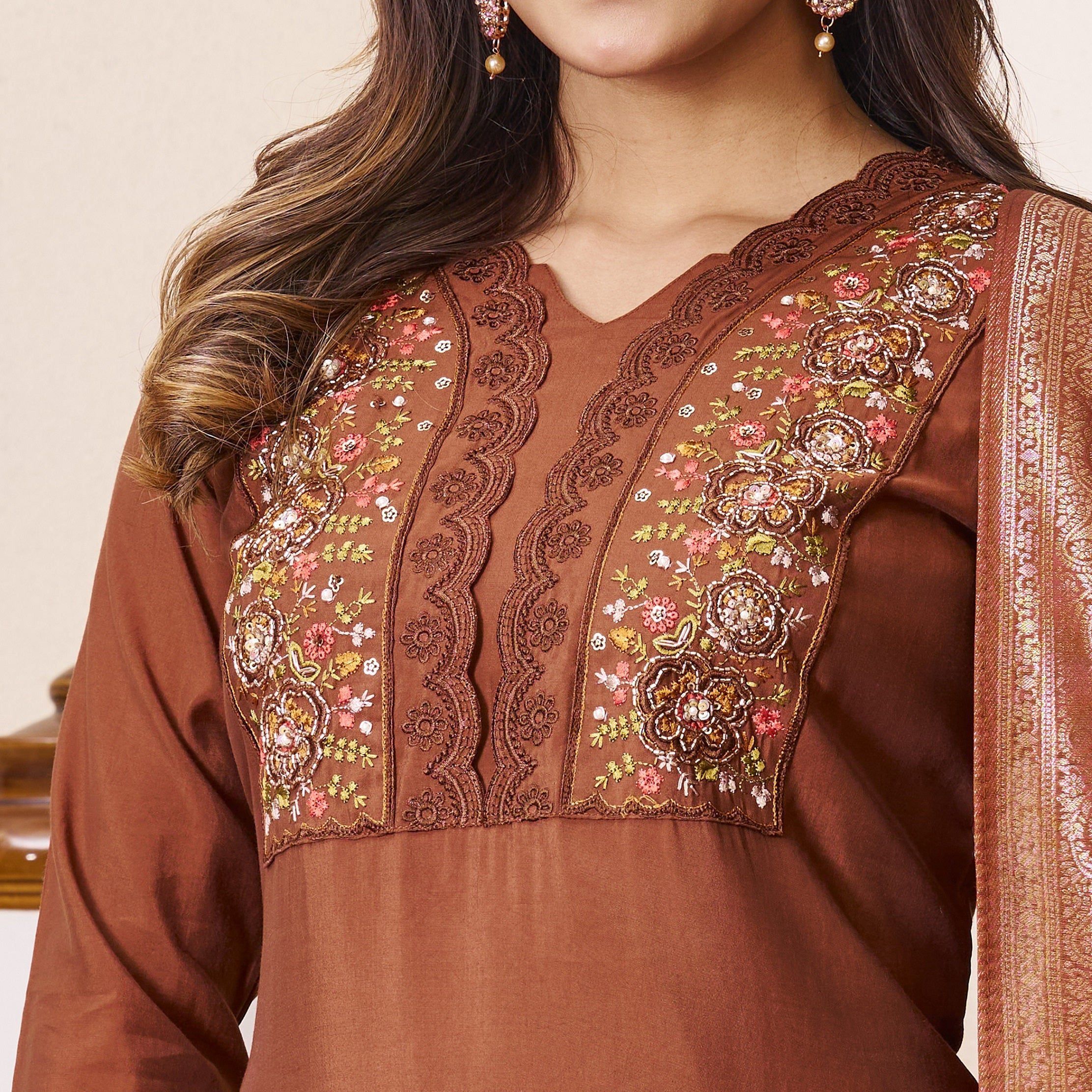 Vedant Vastram Roman Silk Hand Work & Embroidery Work Stitched Kurta Pant Dupatta Set-Brown - Distacart