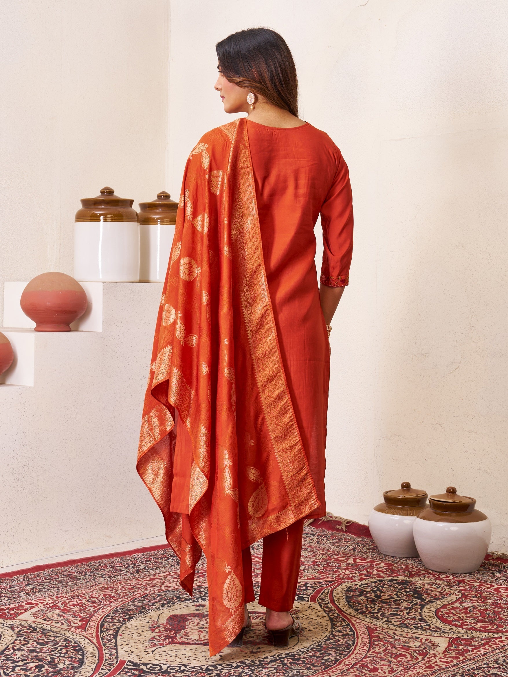 Vedant Vastram Roman Silk Hand Work & Embroidery Work Stitched Kurta Pant Dupatta Set-Coral Red - Distacart