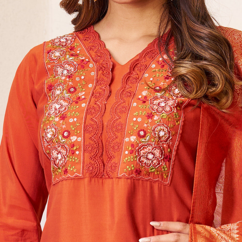 Vedant Vastram Roman Silk Hand Work & Embroidery Work Stitched Kurta Pant Dupatta Set-Coral Red - Distacart