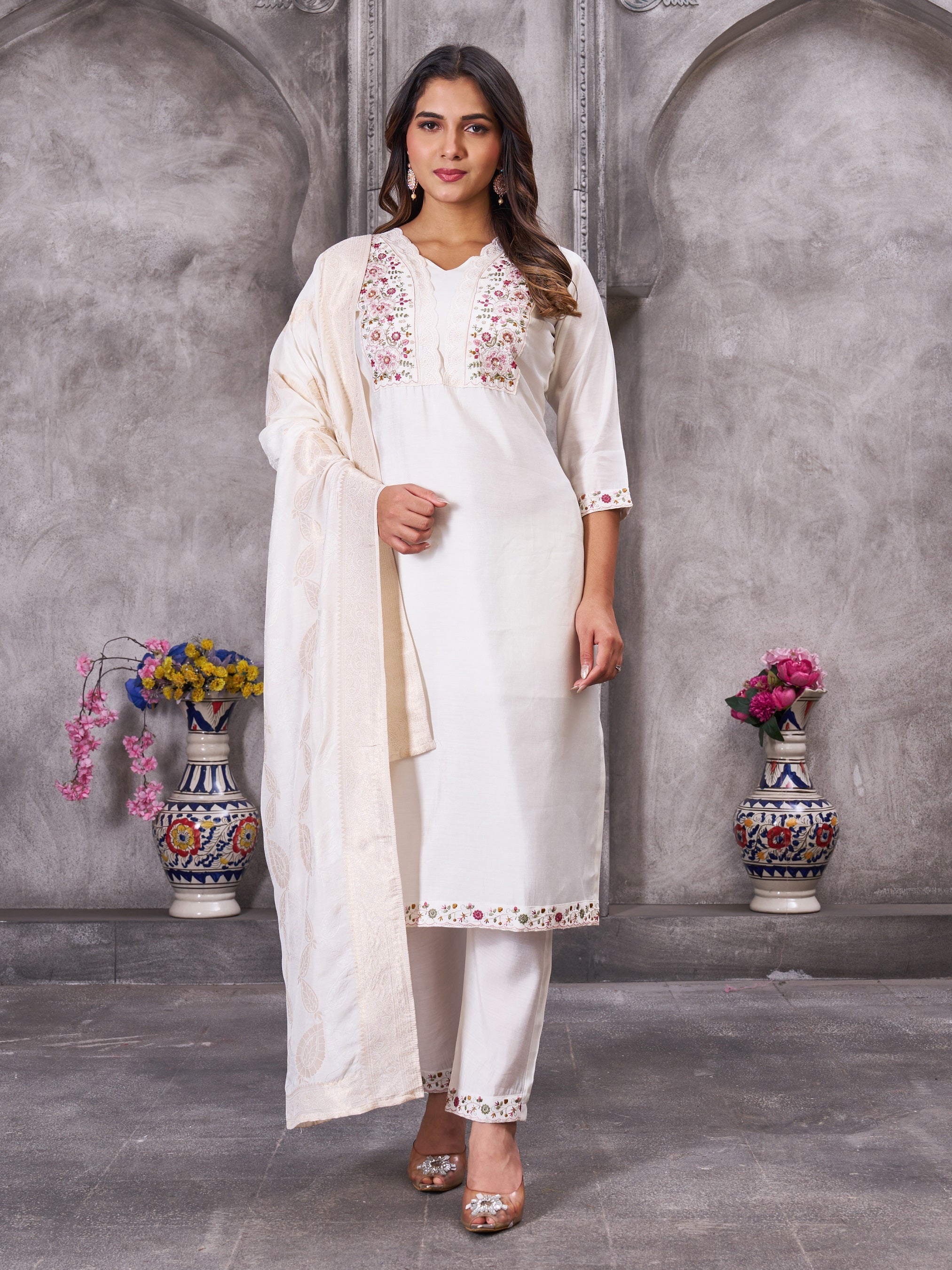 Vedant Vastram Roman Silk Hand Work & Embroidery Work Stitched Kurta Pant Dupatta Set-White - Distacart