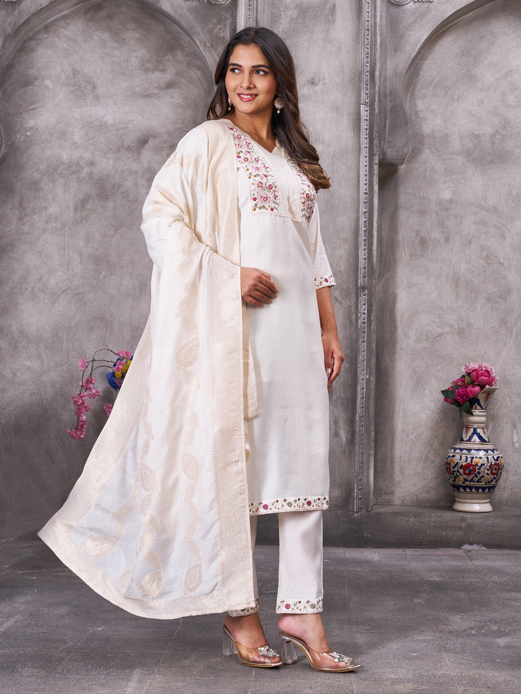 Vedant Vastram Roman Silk Hand Work & Embroidery Work Stitched Kurta Pant Dupatta Set-White - Distacart