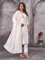 Vedant Vastram Roman Silk Hand Work & Embroidery Work Stitched Kurta Pant Dupatta Set-White - Distacart