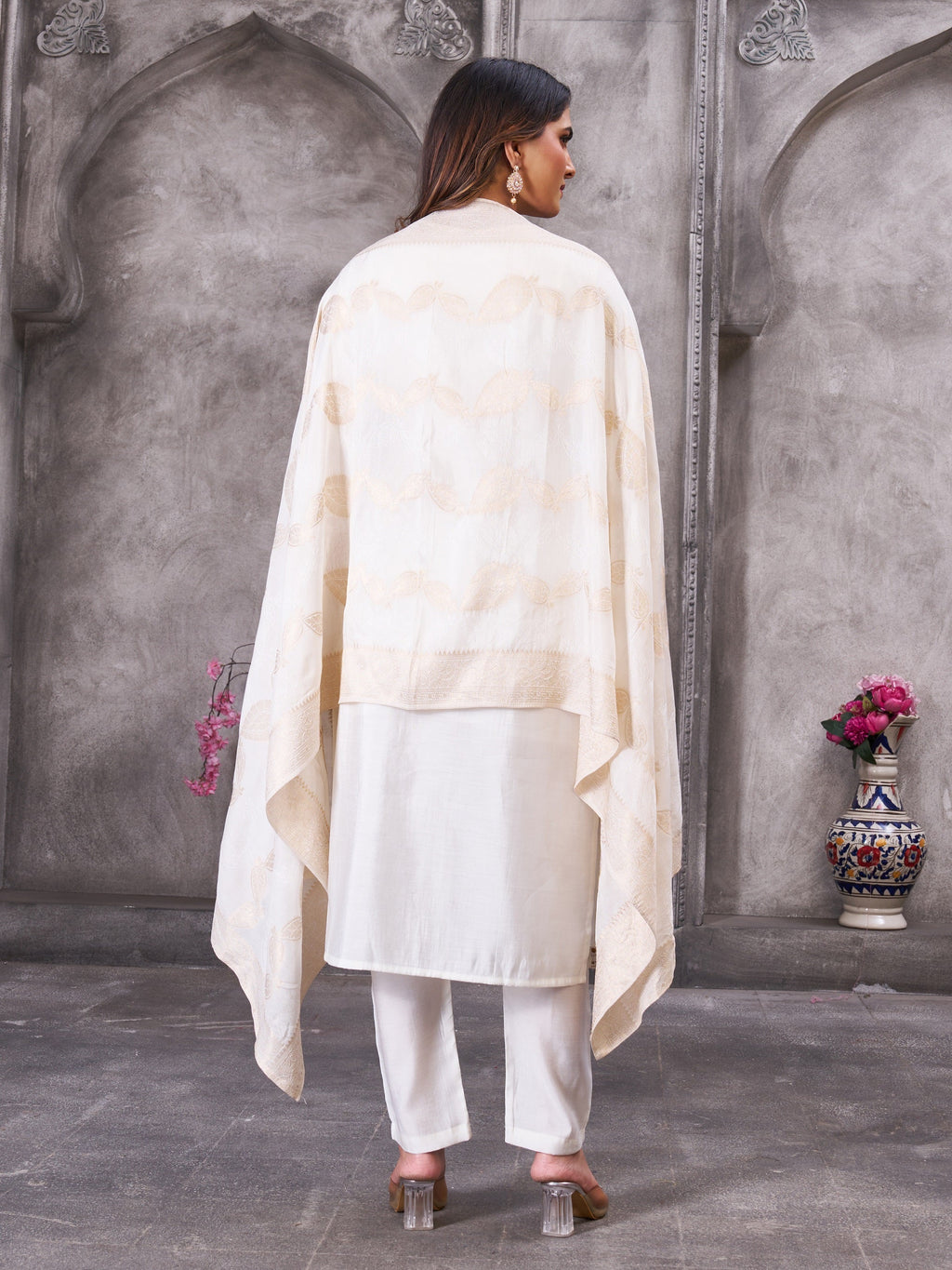 Vedant Vastram Roman Silk Hand Work & Embroidery Work Stitched Kurta Pant Dupatta Set-White - Distacart