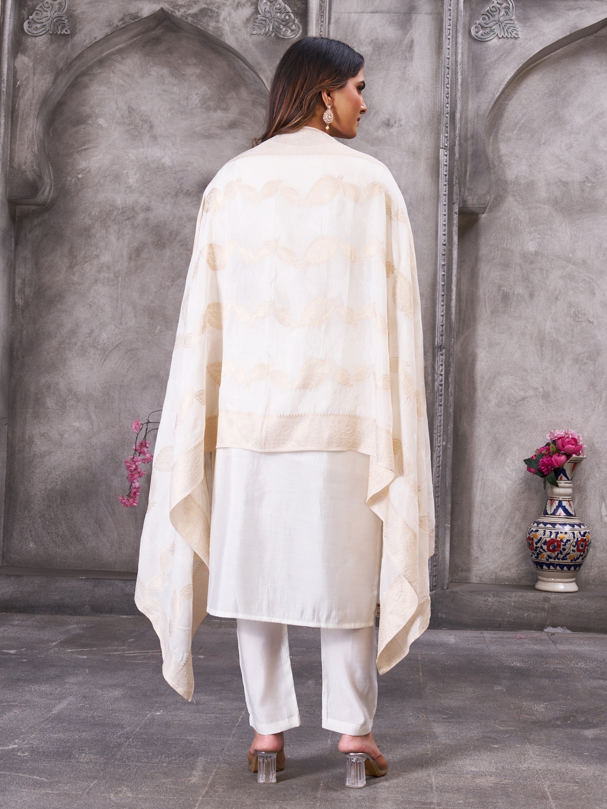Vedant Vastram Roman Silk Hand Work & Embroidery Work Stitched Kurta Pant Dupatta Set-White - Distacart
