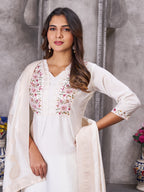 Vedant Vastram Roman Silk Hand Work & Embroidery Work Stitched Kurta Pant Dupatta Set-White - Distacart