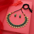 Tehzeeb Creations Green Colour Gold-Polished Stone Jewellery Choker Necklace Set With Matching Pair of Stud Earrings