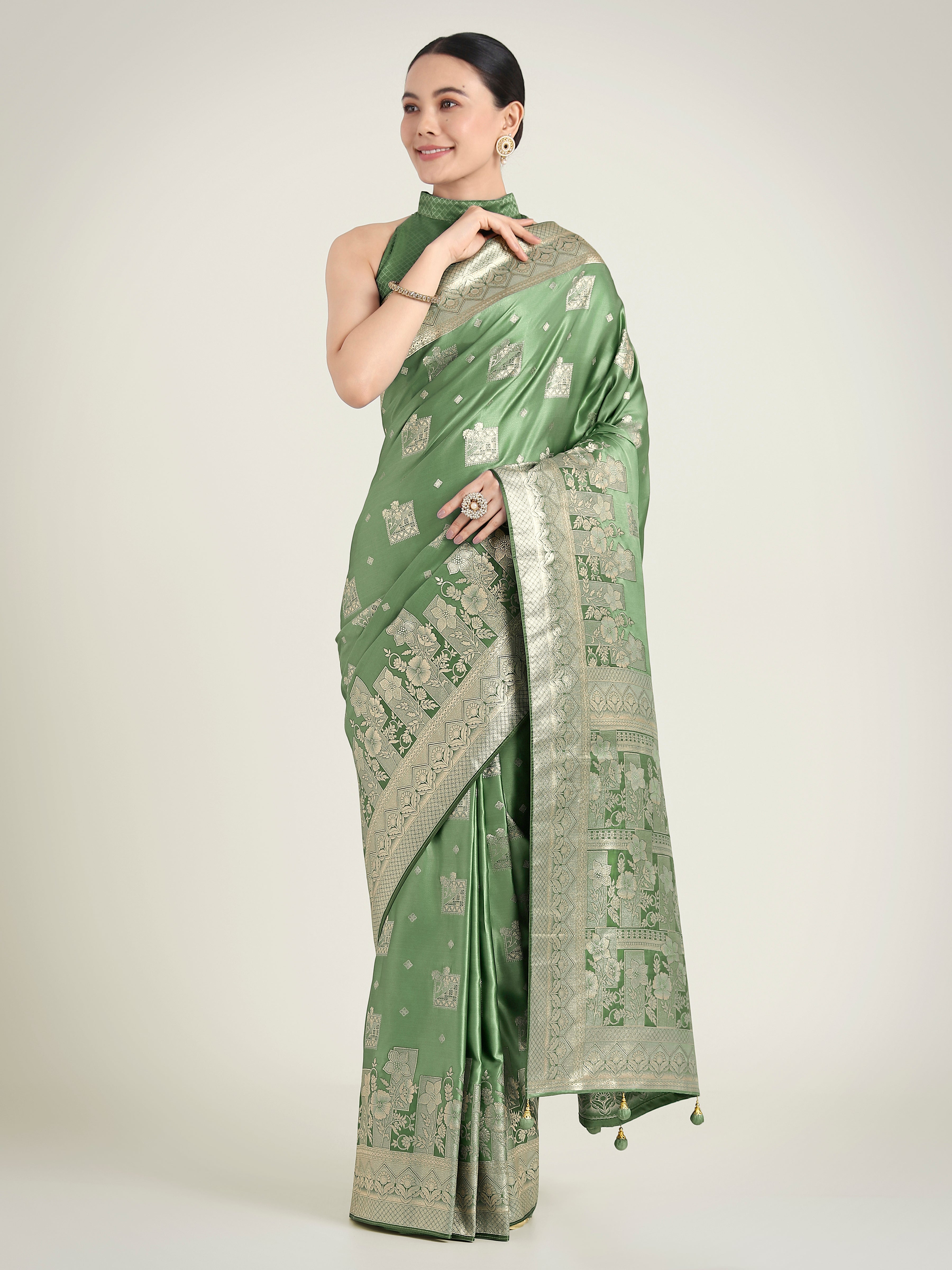 Monjolika Fashion Green Color Banarasi Satin Silk Zari Weaving Festival Saree - Distacart