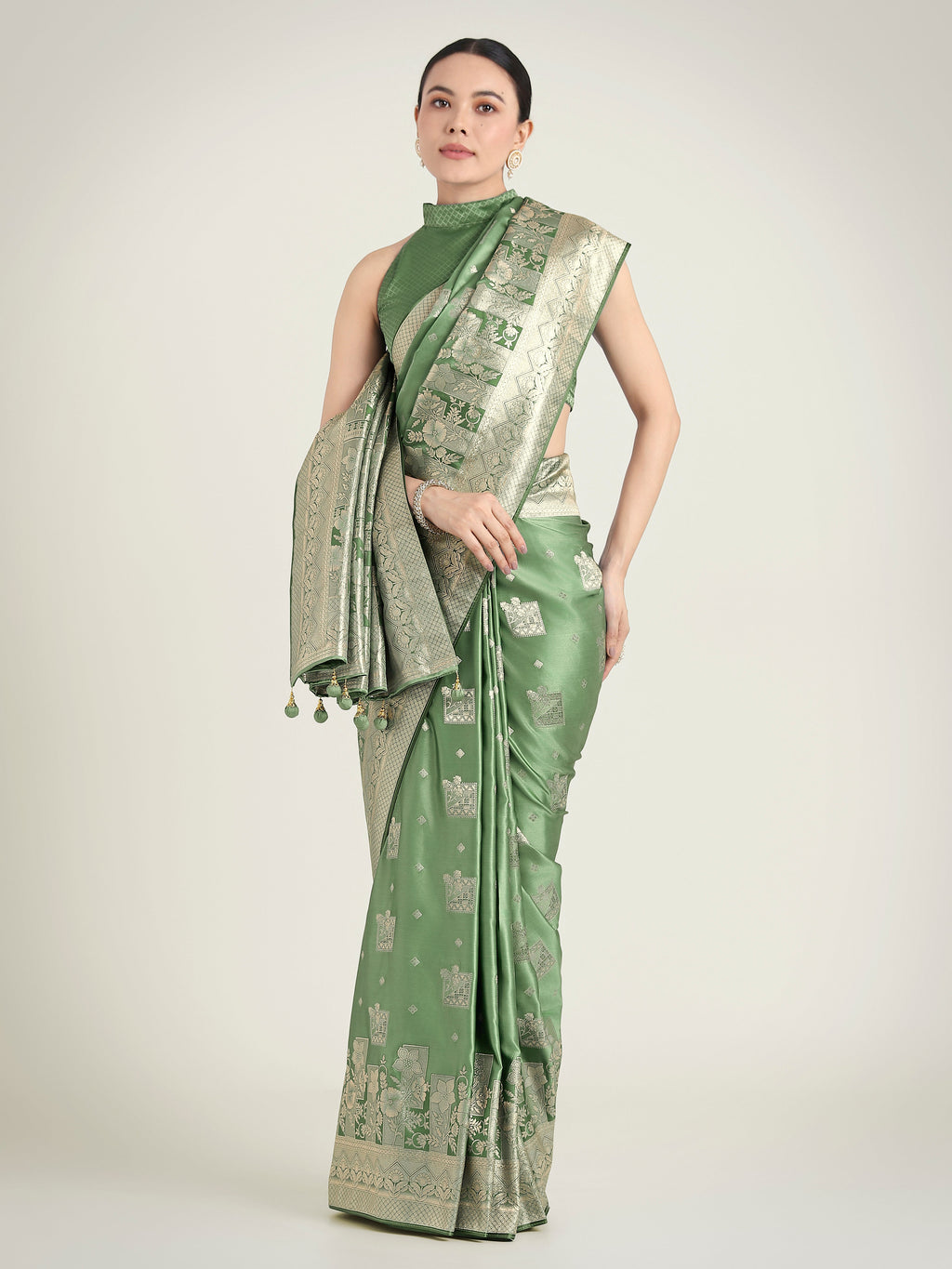 Monjolika Fashion Green Color Banarasi Satin Silk Zari Weaving Festival Saree - Distacart