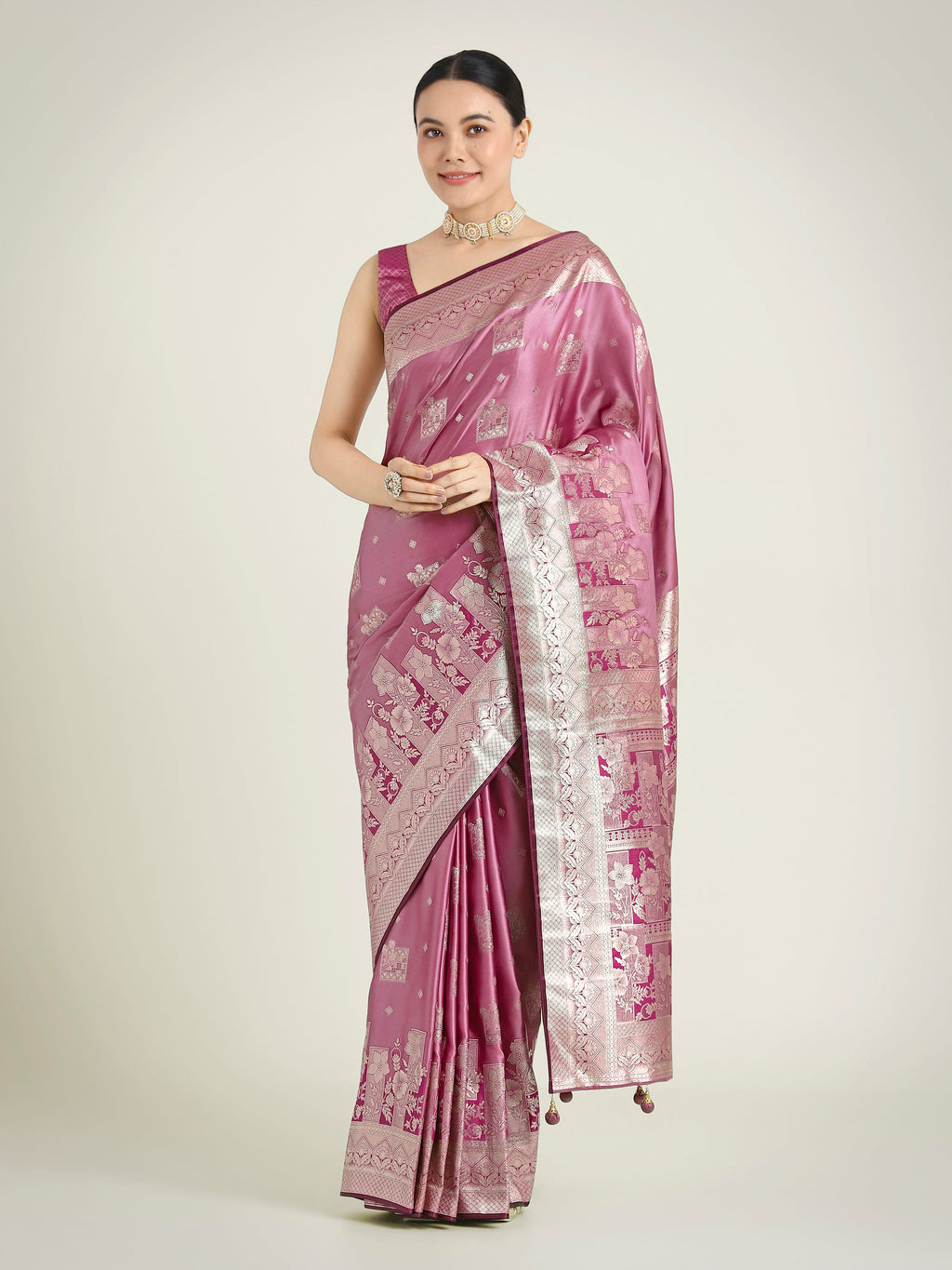 Monjolika Fashion Rose Pink Color Banarasi Satin Silk Zari Weaving Festival Saree - Distacart
