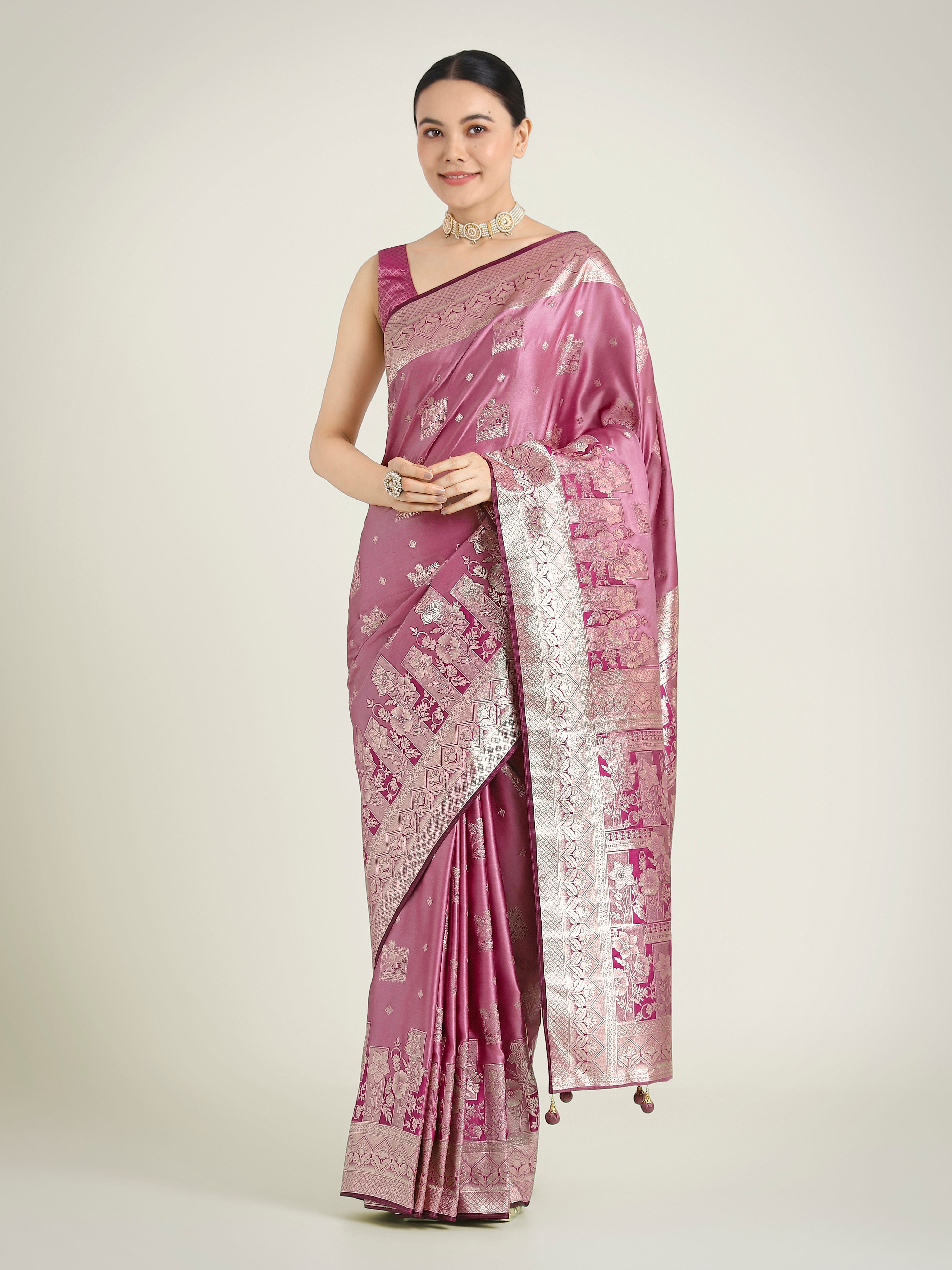 Monjolika Fashion Rose Pink Color Banarasi Satin Silk Zari Weaving Festival Saree - Distacart