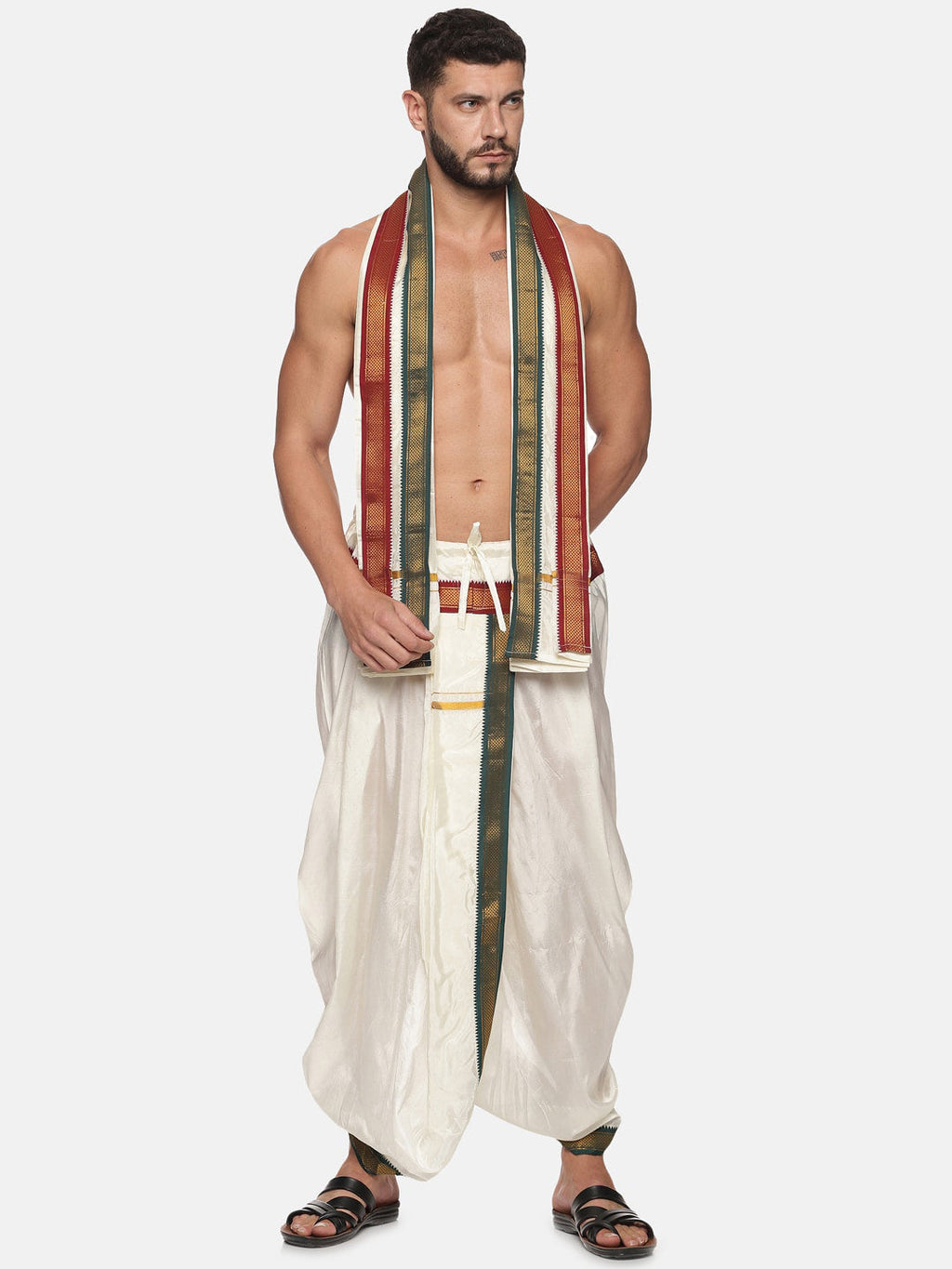 Sethukrishna Men Cream Solid Readymade Dhoti Pants With Angavastram - Distacart