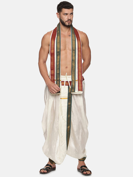 Sethukrishna Men Cream Solid Readymade Dhoti Pants With Angavastram
