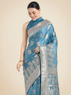 Monjolika Fashion Cyan blue Pink Color Banarasi Satin Silk Zari Weaving Festival Saree