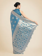 Monjolika Fashion Cyan blue Pink Color Banarasi Satin Silk Zari Weaving Festival Saree