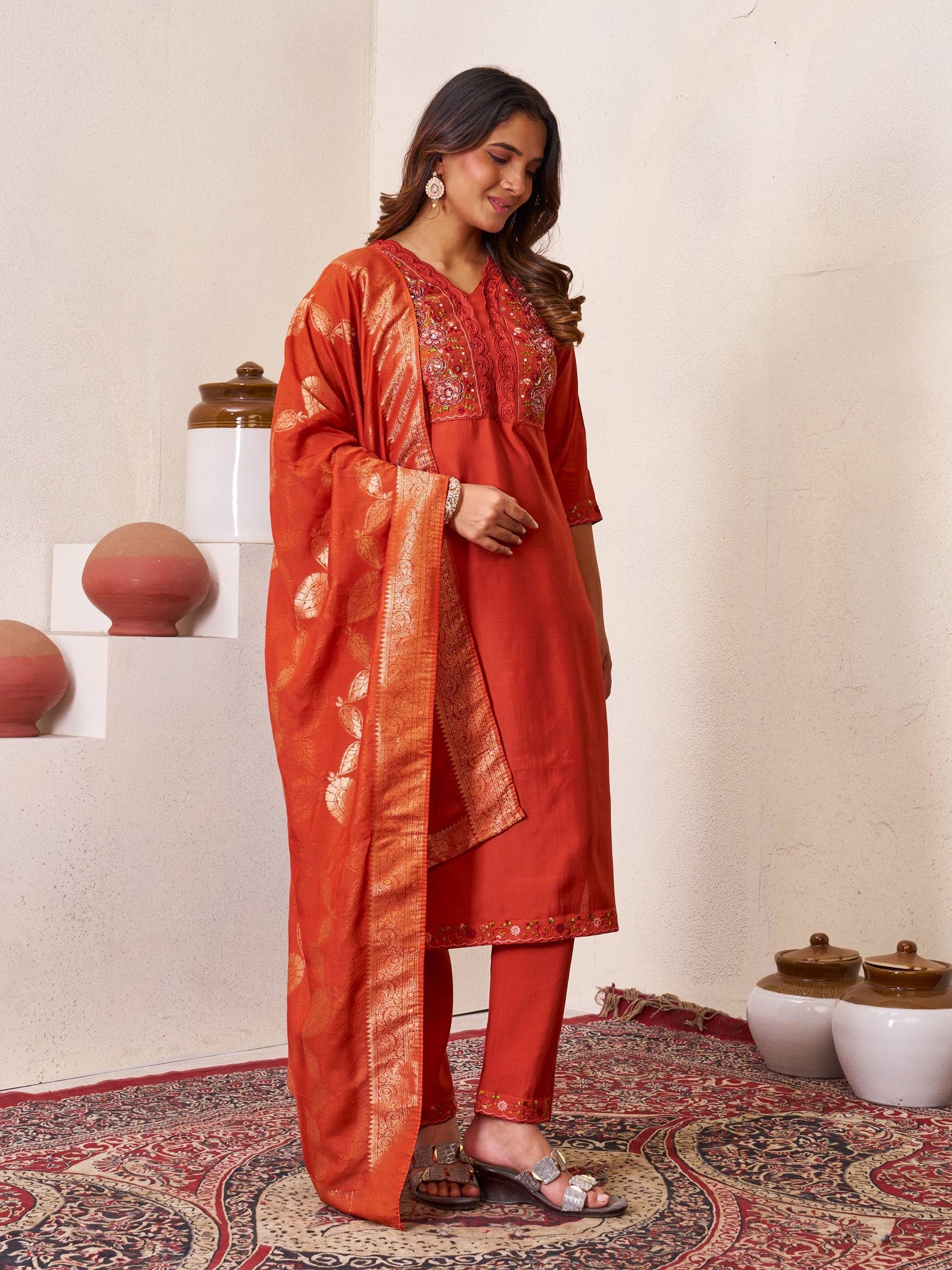 Lorenvalley Fashion Rust Roman Silk Multi Embroidery Sequins With Hand Work Kurta Pant Dupatta - Distacart