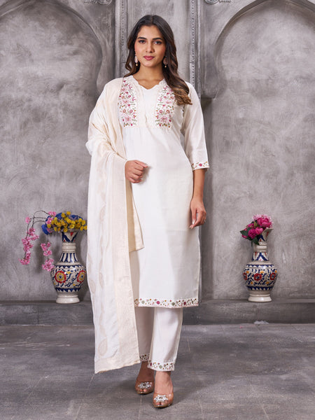 Lorenvalley Fashion White Roman Silk Multi Embroidery Sequins With Hand Work Kurta Pant Dupatta