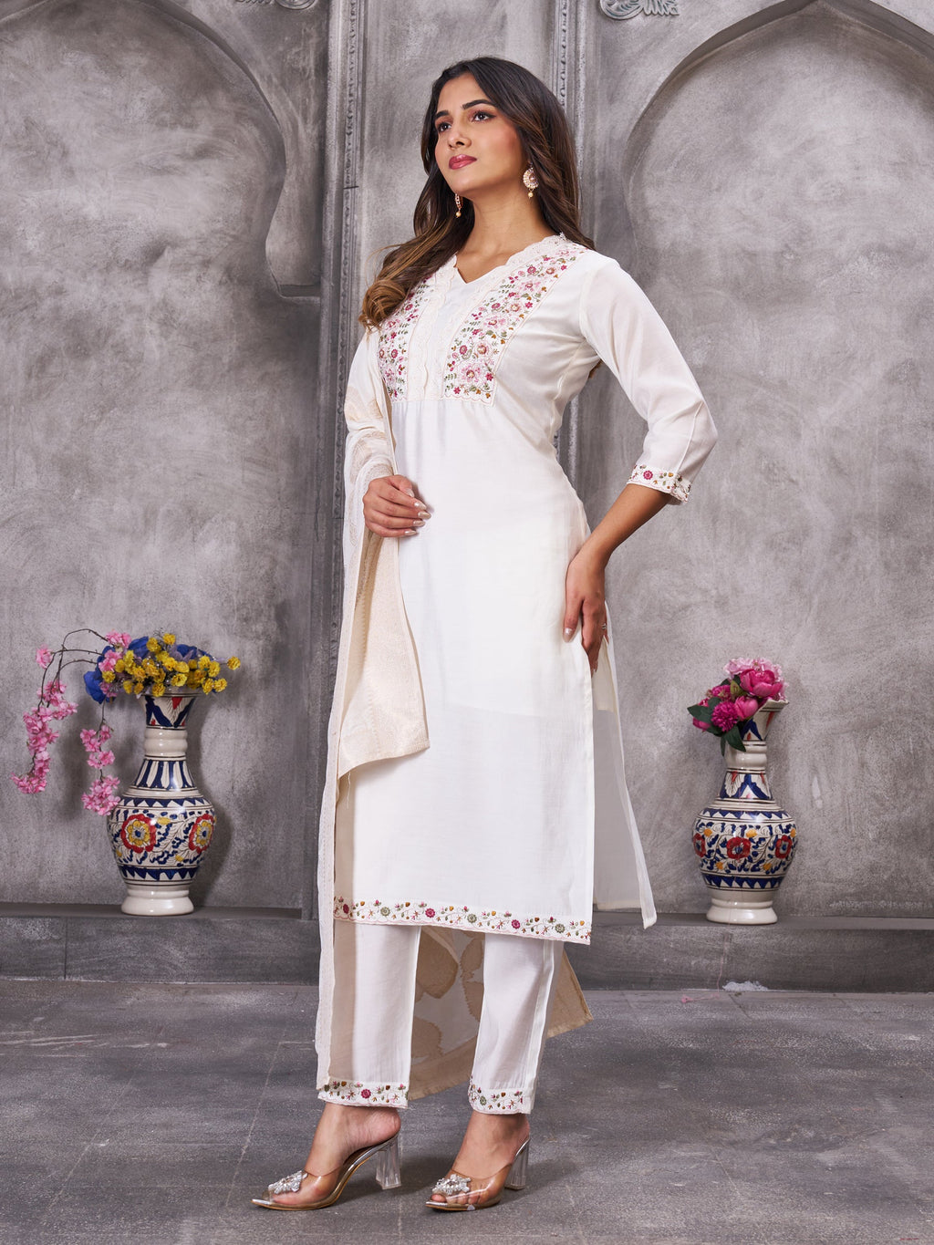 Lorenvalley Fashion White Roman Silk Multi Embroidery Sequins With Hand Work Kurta Pant Dupatta - Distacart