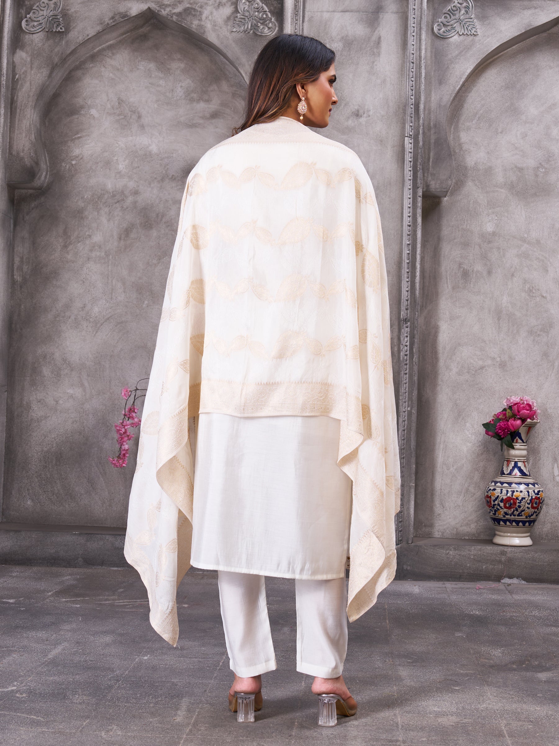 Lorenvalley Fashion White Roman Silk Multi Embroidery Sequins With Hand Work Kurta Pant Dupatta - Distacart