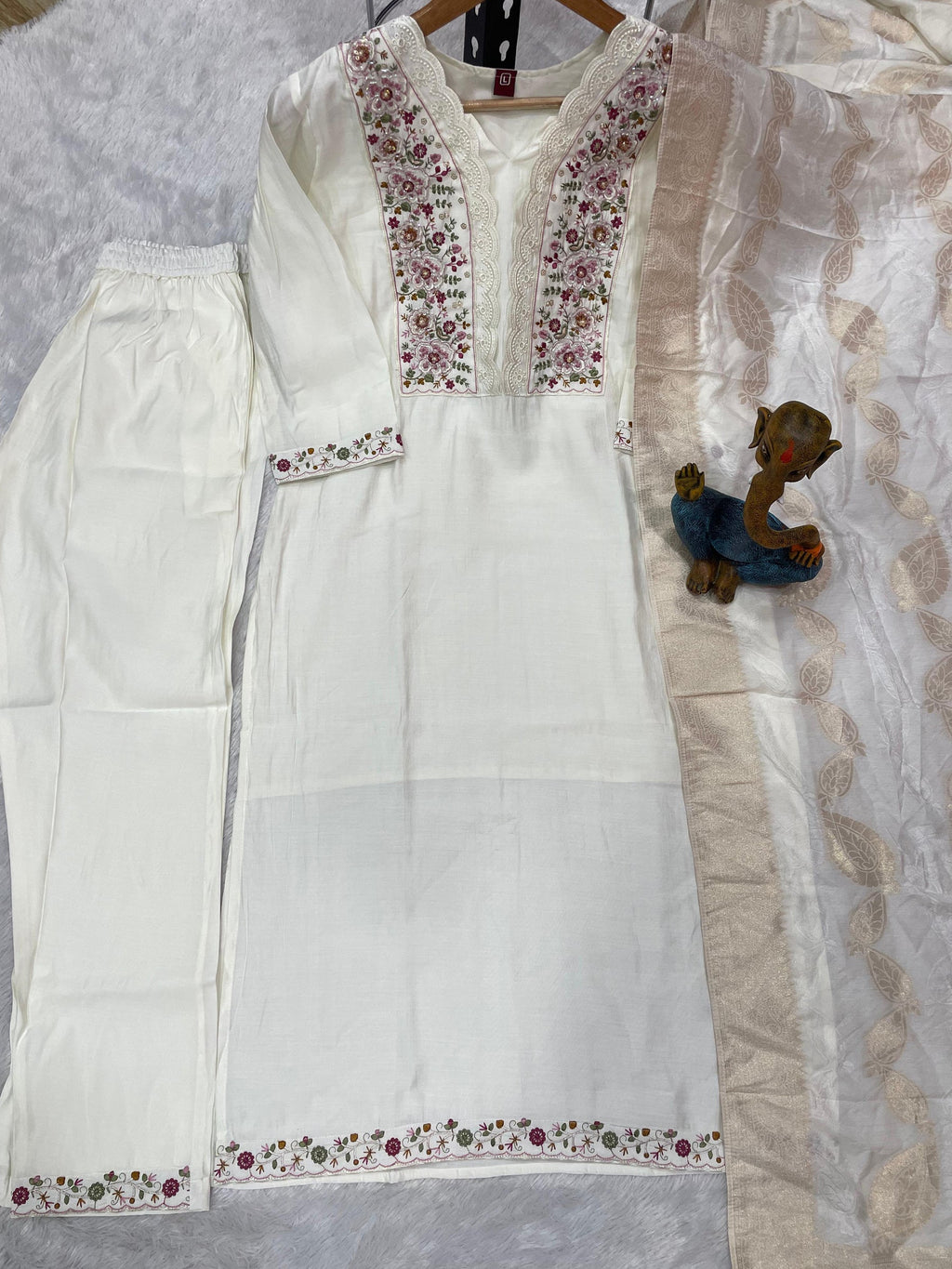 Lorenvalley Fashion White Roman Silk Multi Embroidery Sequins With Hand Work Kurta Pant Dupatta - Distacart