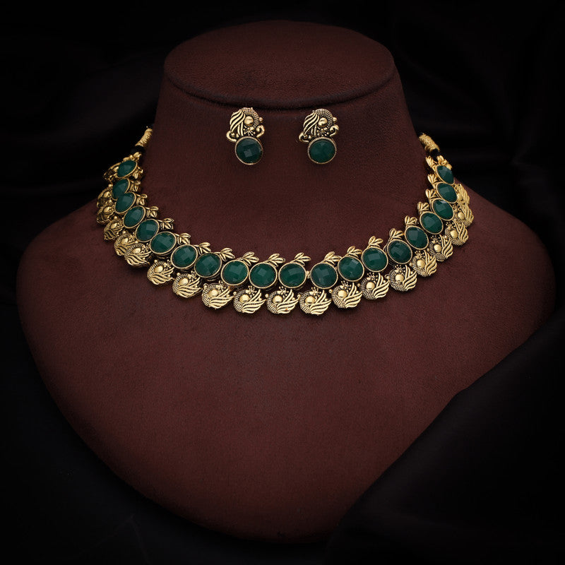 Tehzeeb Creations Green Colour Gold-Polished Stone Jewellery Choker Necklace Set With Matching Pair of Stud Earrings