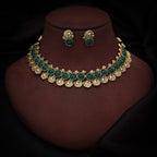 Tehzeeb Creations Green Colour Gold-Polished Stone Jewellery Choker Necklace Set With Matching Pair of Stud Earrings
