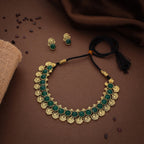 Tehzeeb Creations Green Colour Gold-Polished Stone Jewellery Choker Necklace Set With Matching Pair of Stud Earrings