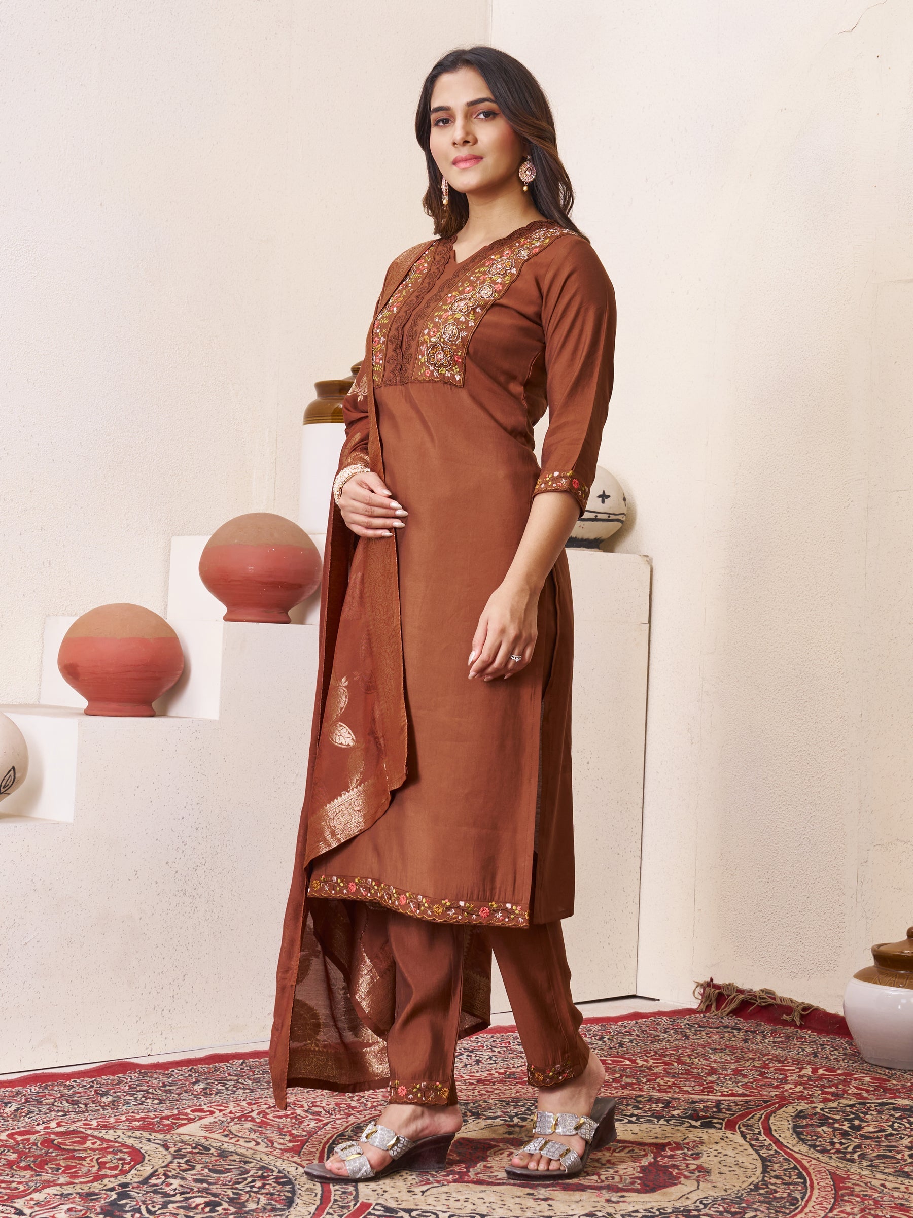 Lorenvalley Fashion Coffee Roman Silk Multi Embroidery Sequins With Hand Work Kurta Pant Dupatta - Distacart