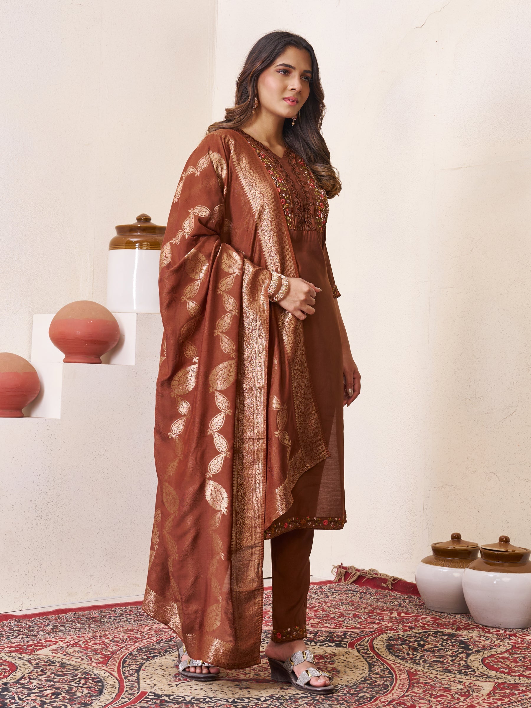 Lorenvalley Fashion Coffee Roman Silk Multi Embroidery Sequins With Hand Work Kurta Pant Dupatta - Distacart