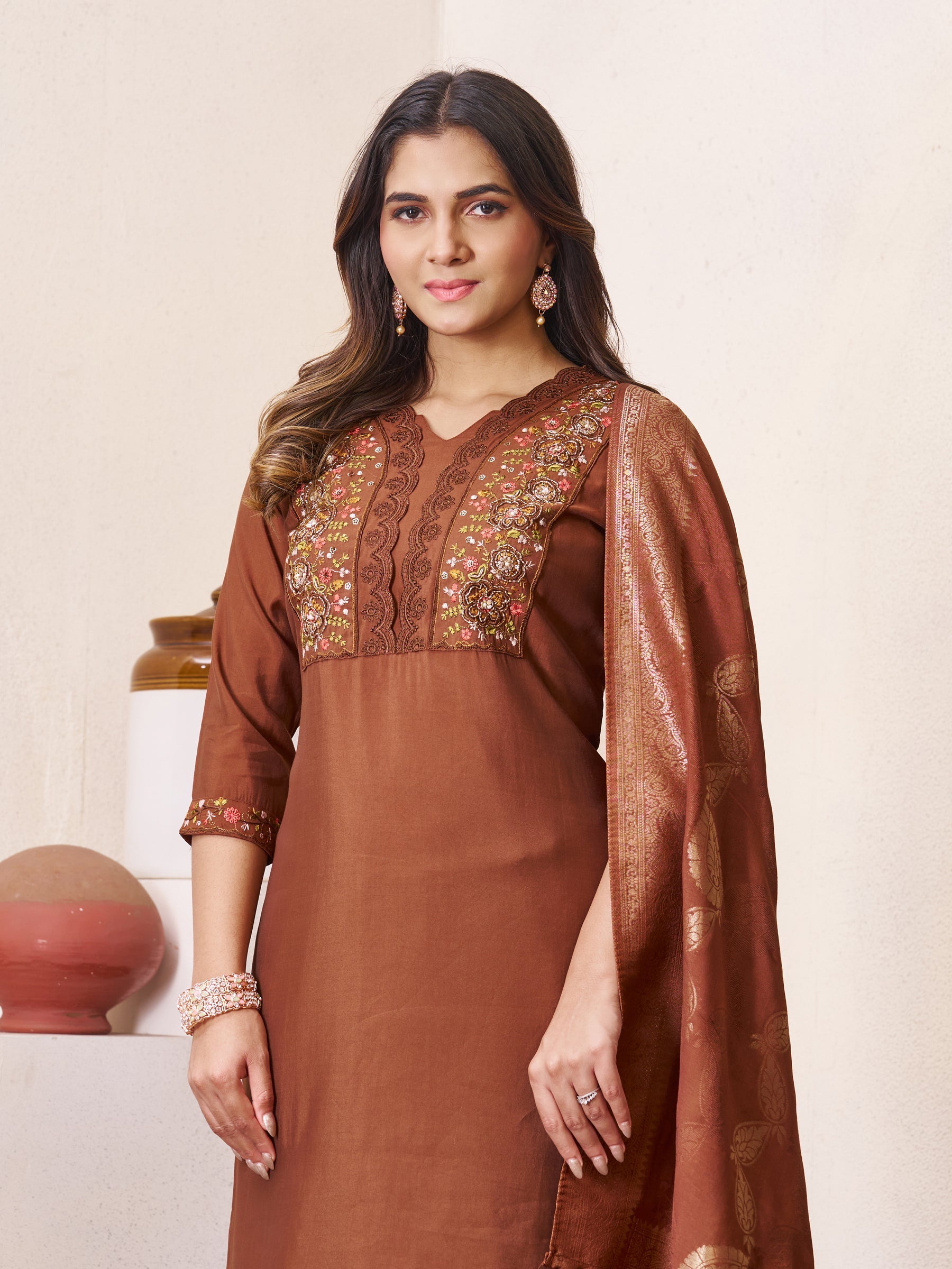 Lorenvalley Fashion Coffee Roman Silk Multi Embroidery Sequins With Hand Work Kurta Pant Dupatta - Distacart