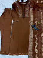 Lorenvalley Fashion Coffee Roman Silk Multi Embroidery Sequins With Hand Work Kurta Pant Dupatta - Distacart