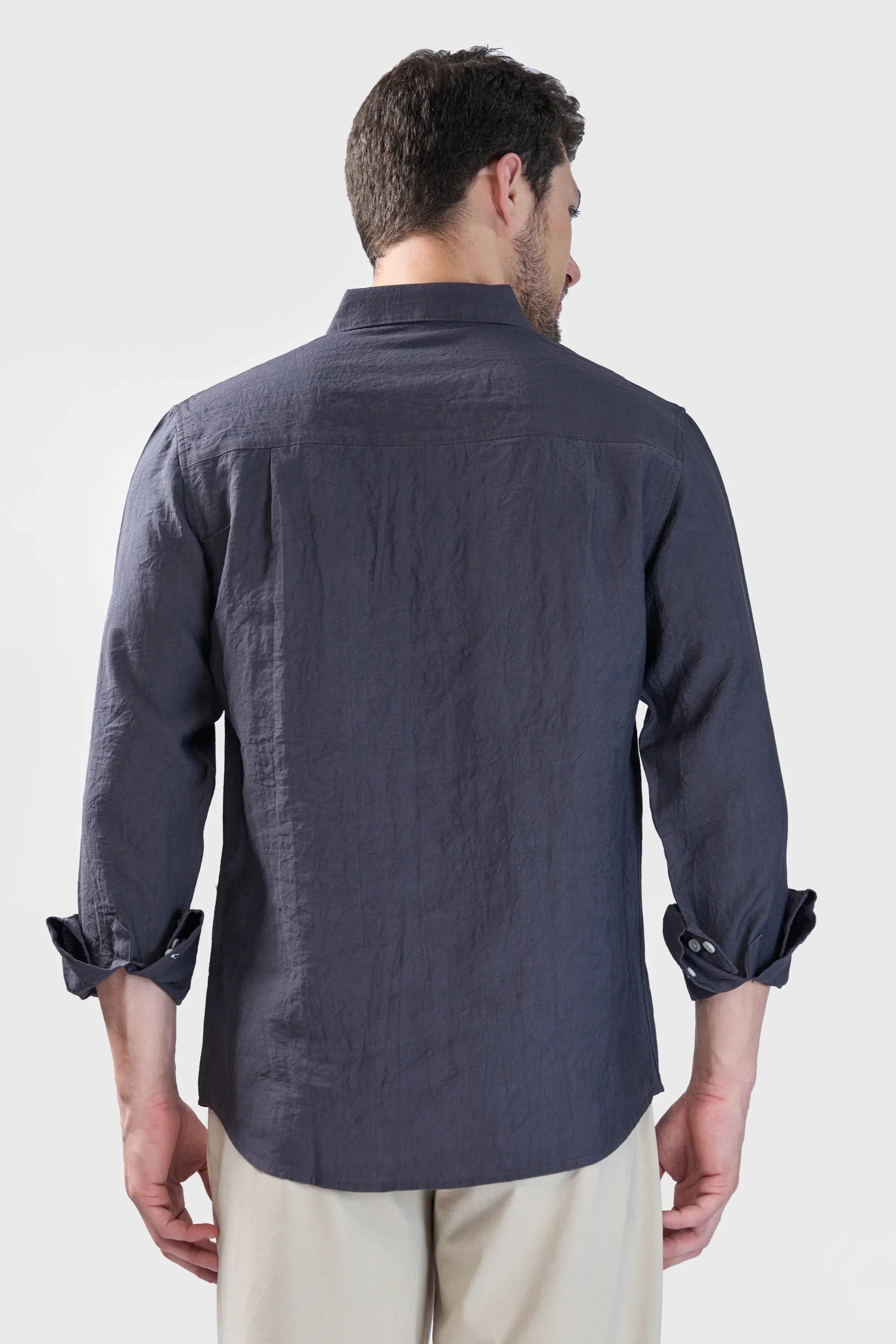 Xkind Dark Grey Crush Wrinkled Regular Fit Shirt