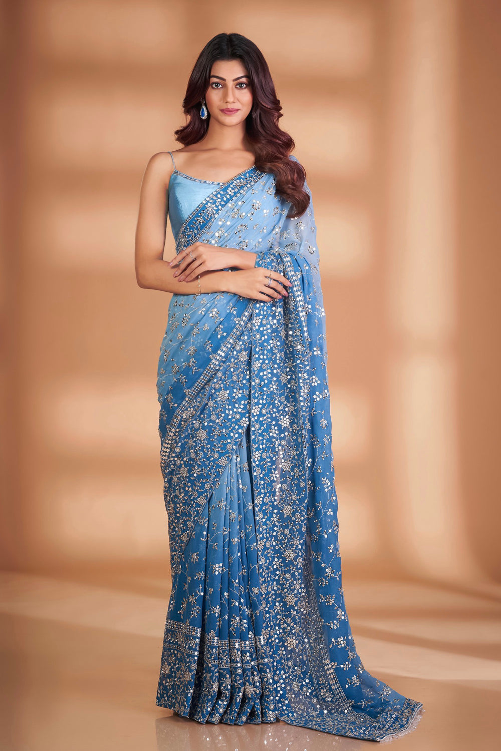 Teeya Creation Blue Color Georgette Embroidery Work Saree - Distacart