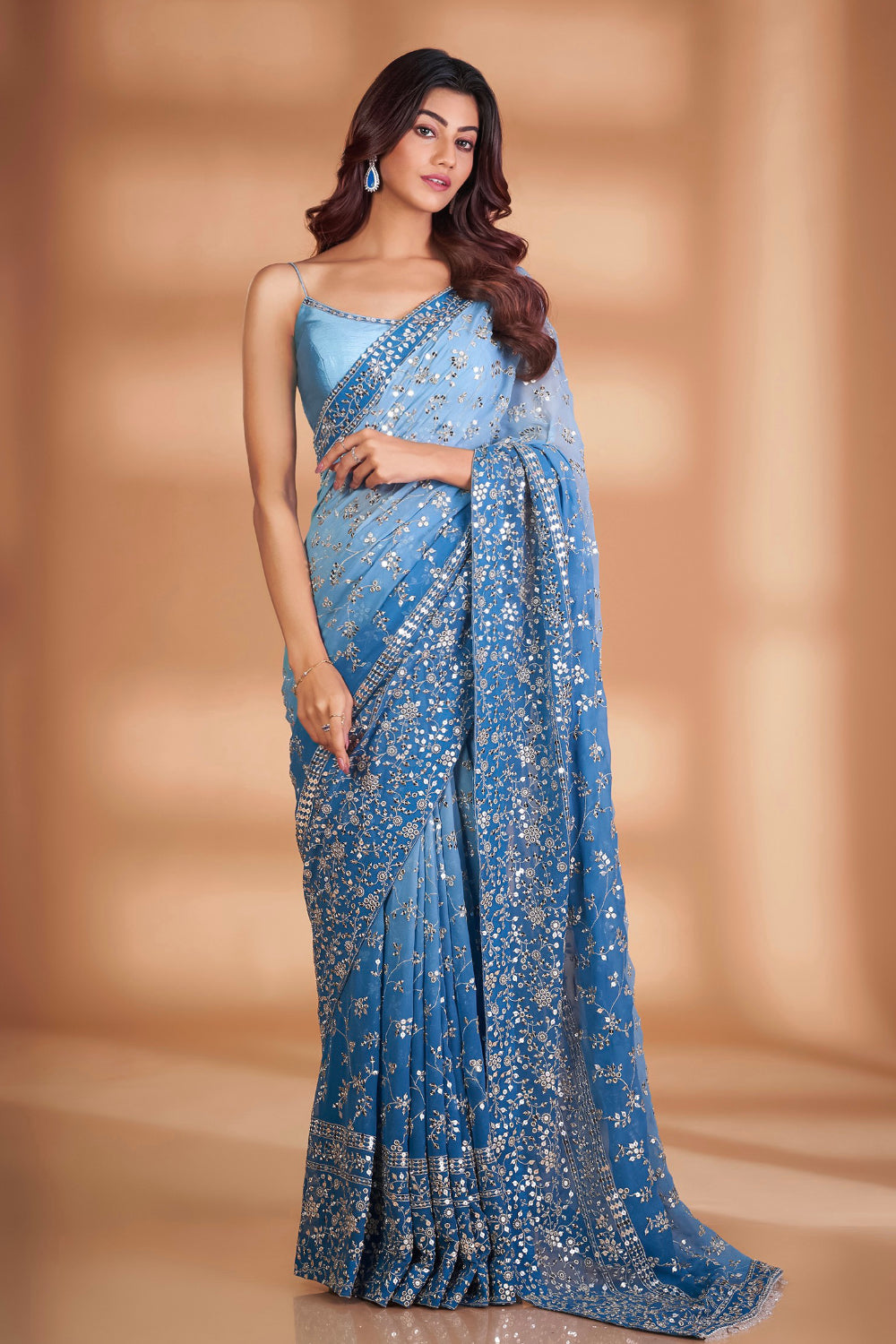 Teeya Creation Blue Color Georgette Embroidery Work Saree - Distacart