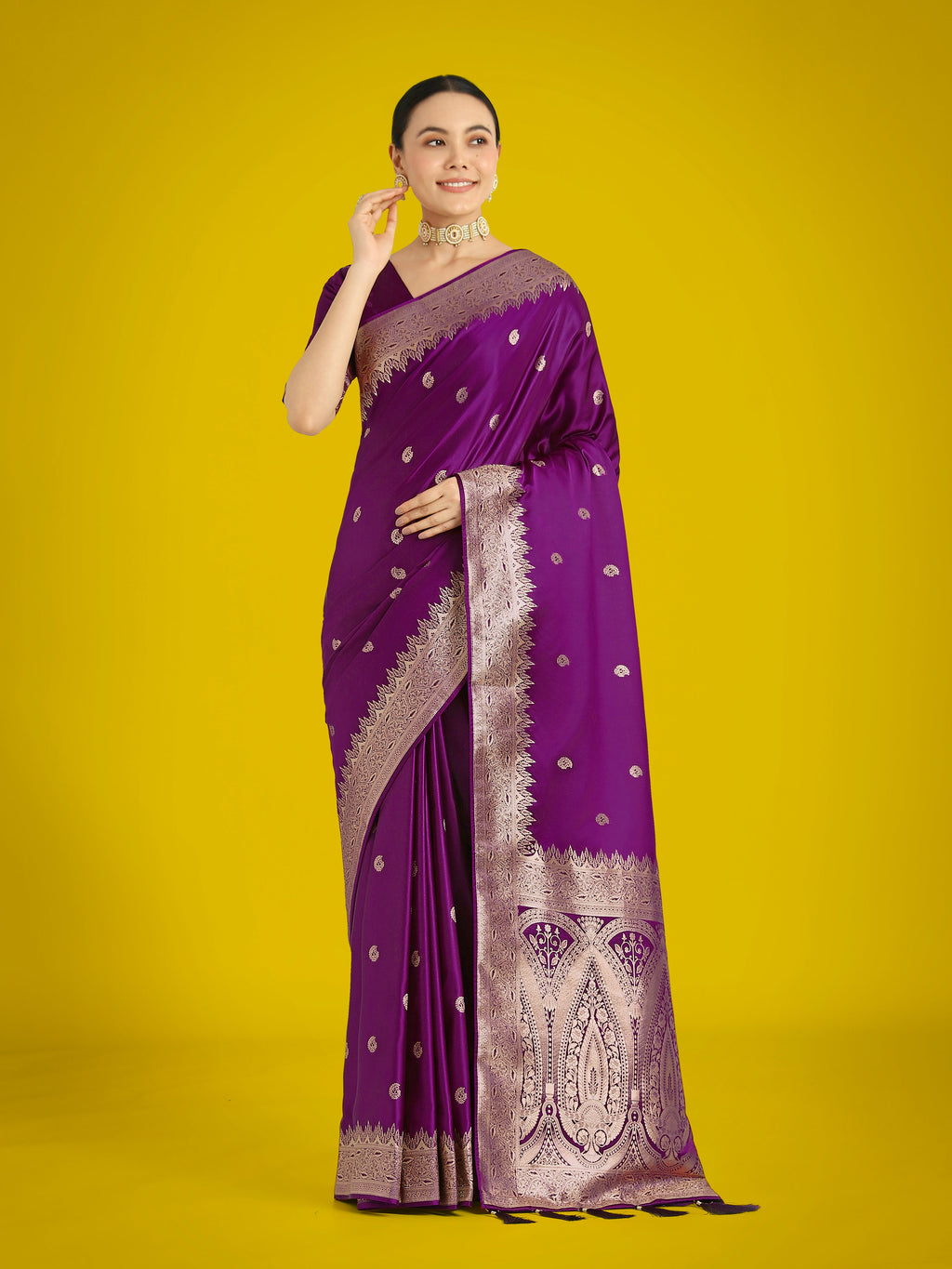 Monjolika Fashion Divine Purple Soft Banarasi Satin Silk Saree With Blouse Piece - Distacart