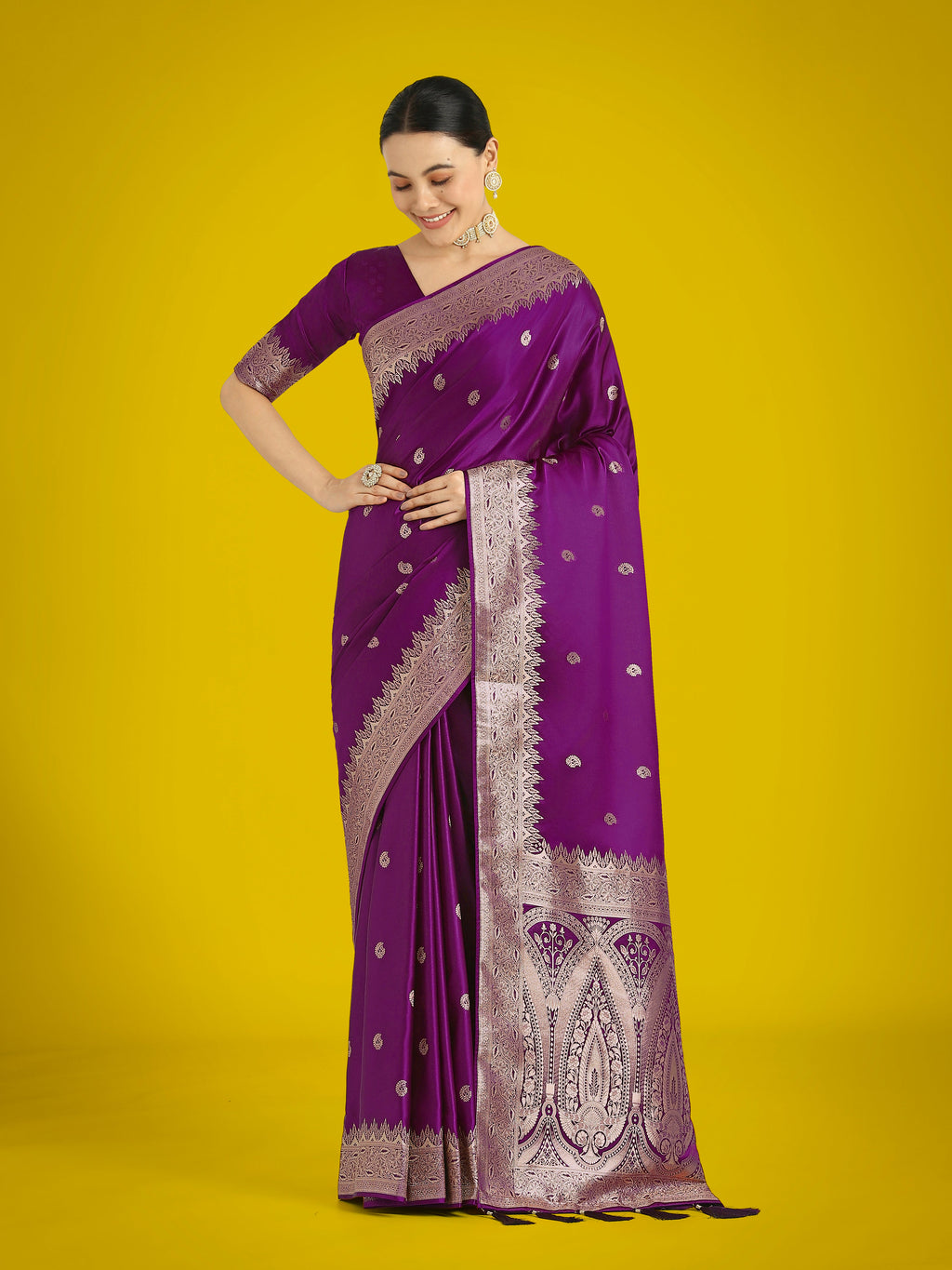 Monjolika Fashion Divine Purple Soft Banarasi Satin Silk Saree With Blouse Piece - Distacart