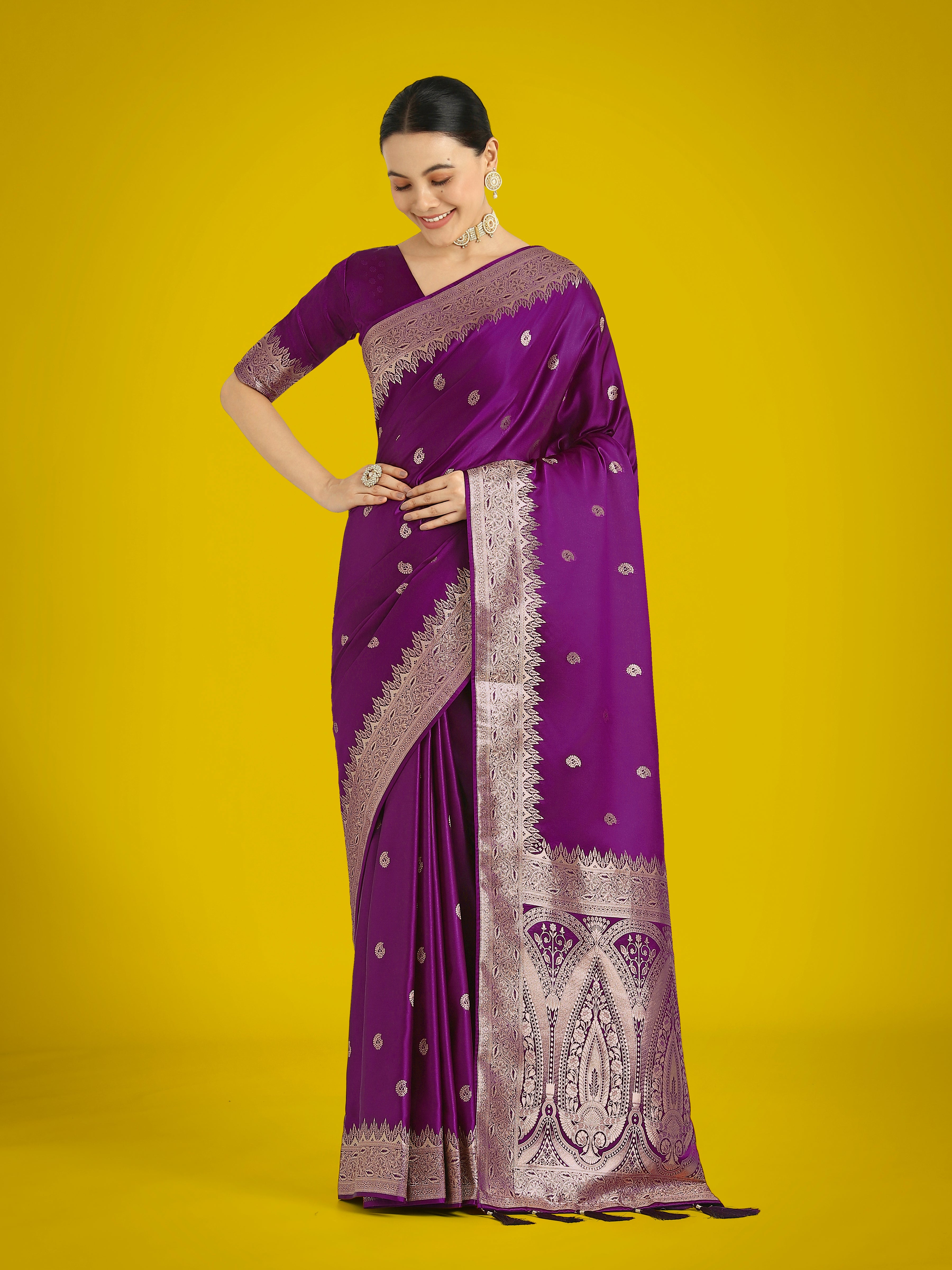 Monjolika Fashion Divine Purple Soft Banarasi Satin Silk Saree With Blouse Piece - Distacart