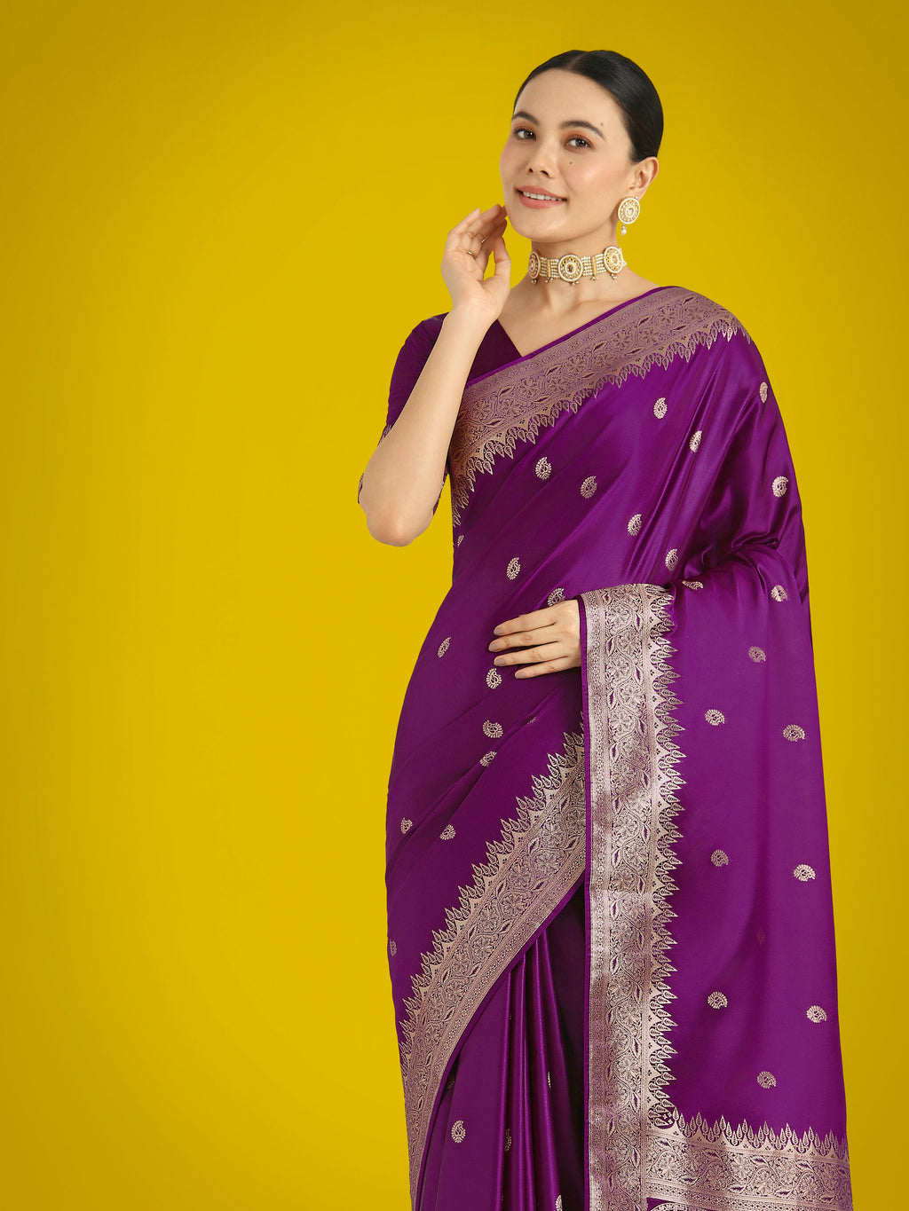 Monjolika Fashion Divine Purple Soft Banarasi Satin Silk Saree With Blouse Piece - Distacart