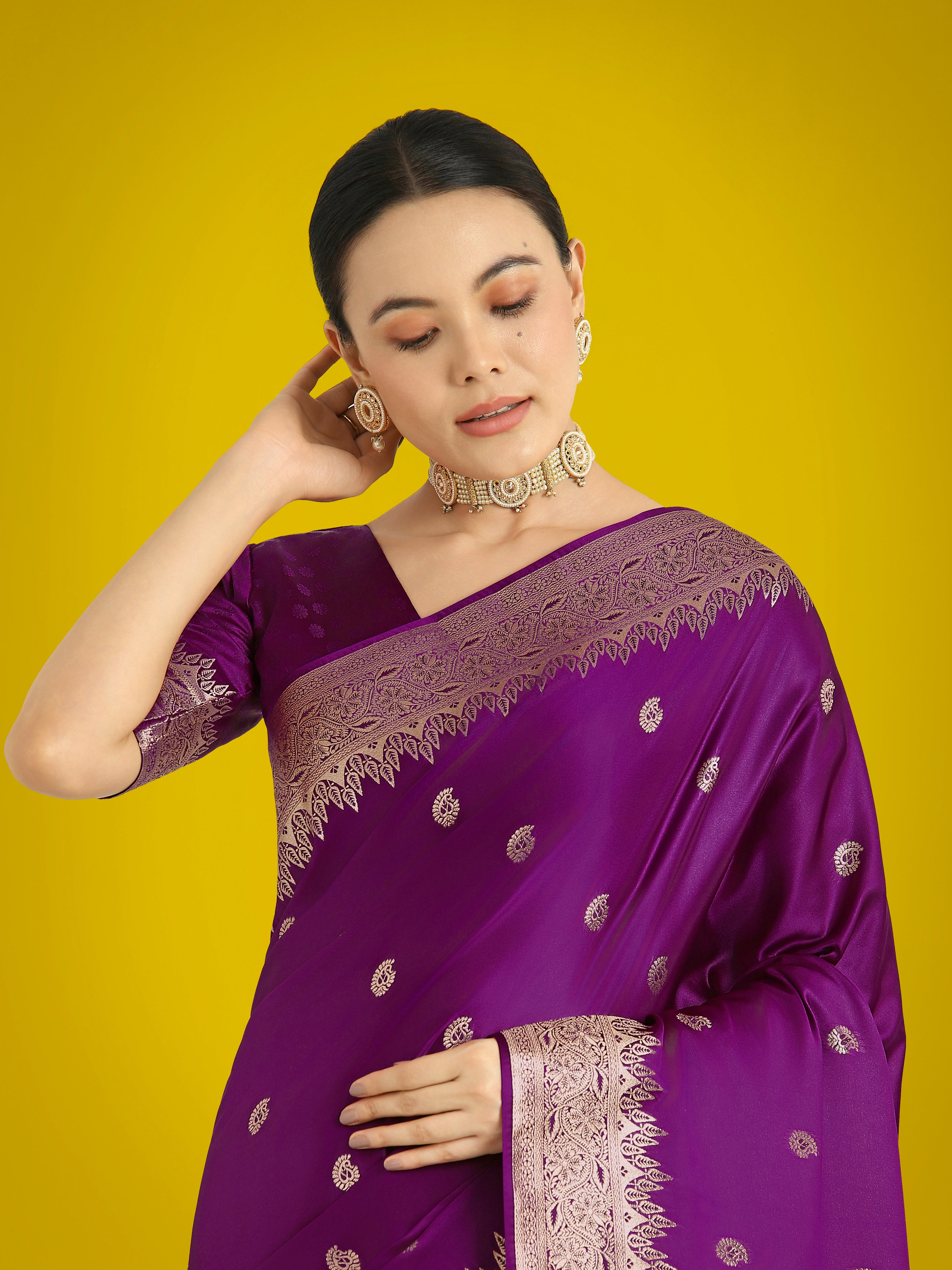 Monjolika Fashion Divine Purple Soft Banarasi Satin Silk Saree With Blouse Piece - Distacart