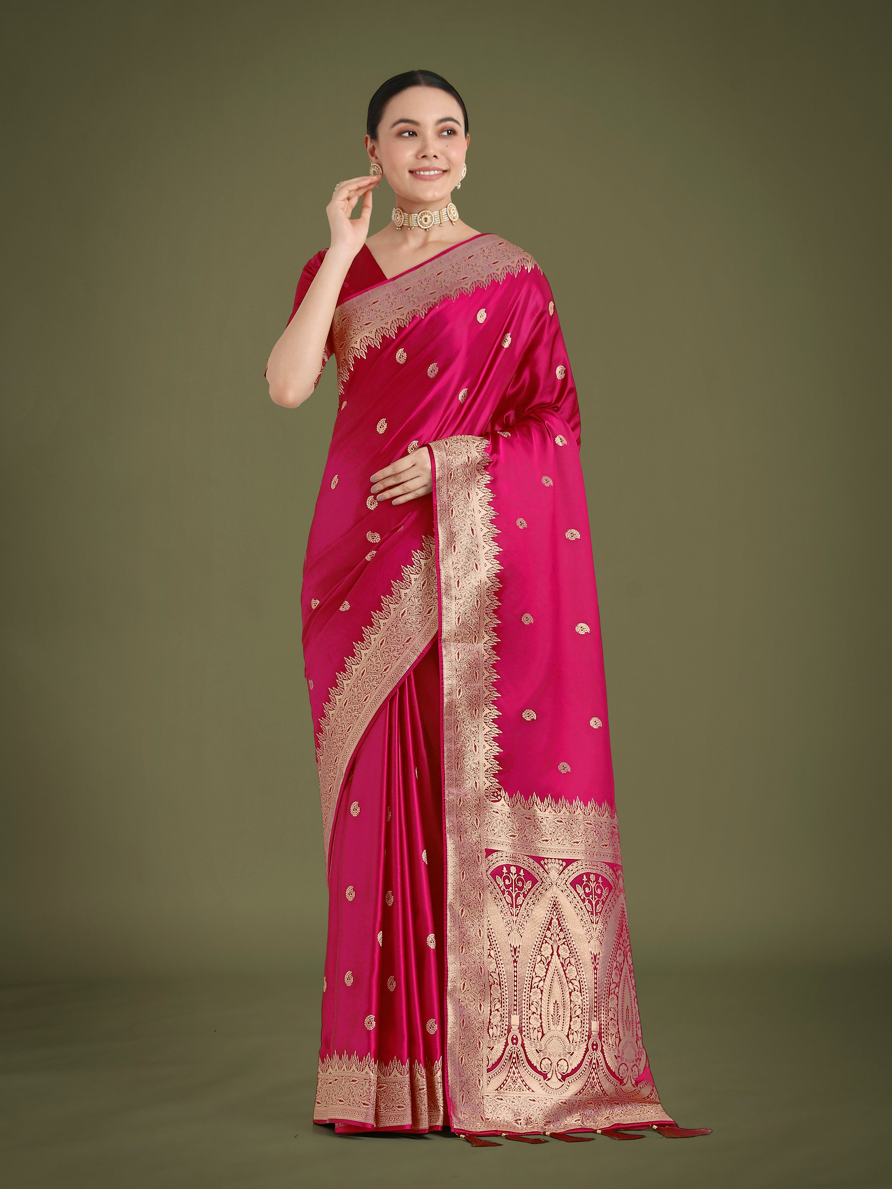 Monjolika Fashion Divine Rani Pink Soft Banarasi Satin Silk Saree With Blouse Piece