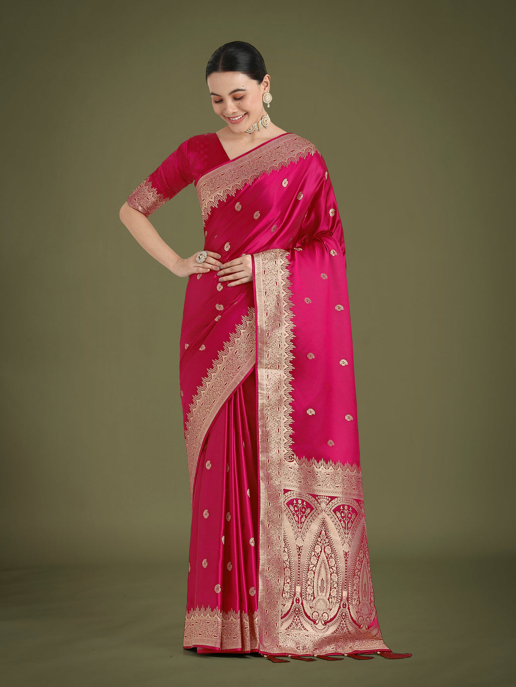 Monjolika Fashion Divine Rani Pink Soft Banarasi Satin Silk Saree With Blouse Piece