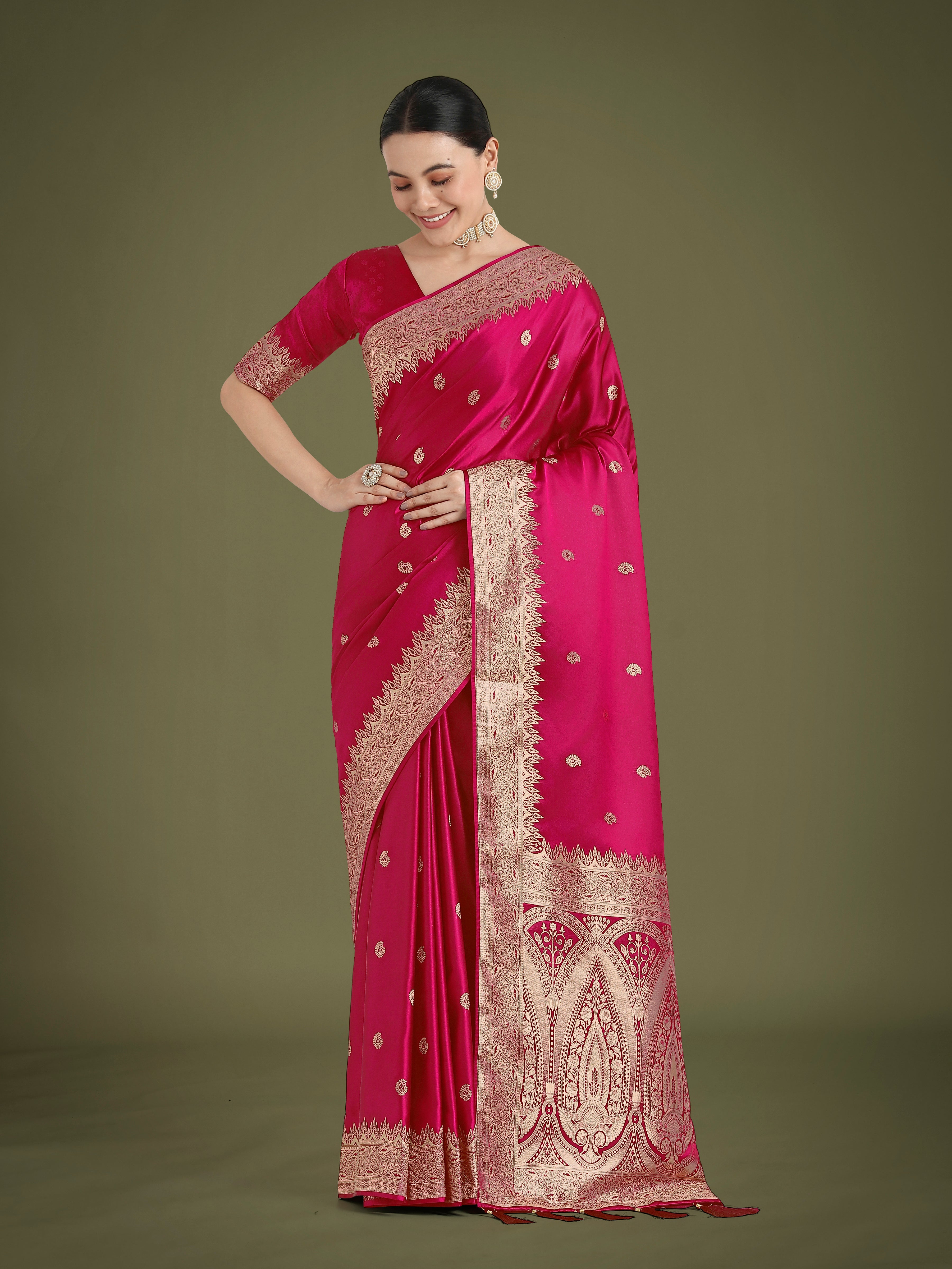 Monjolika Fashion Divine Rani Pink Soft Banarasi Satin Silk Saree With Blouse Piece