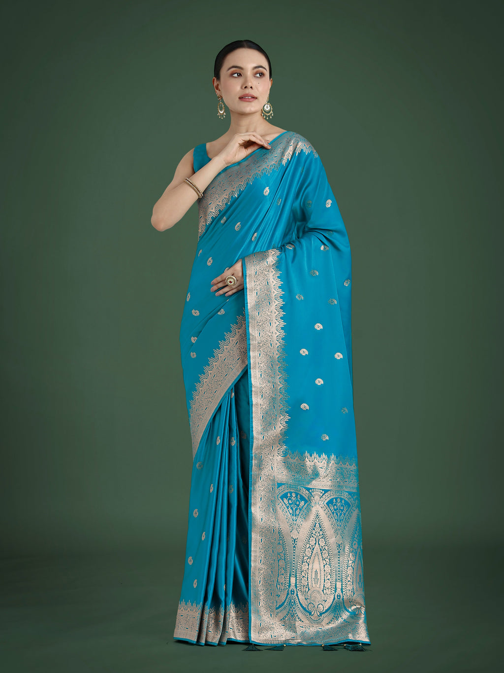 Monjolika Fashion Divine Cyan blue Soft Banarasi Satin Silk Saree With Blouse Piece - Distacart