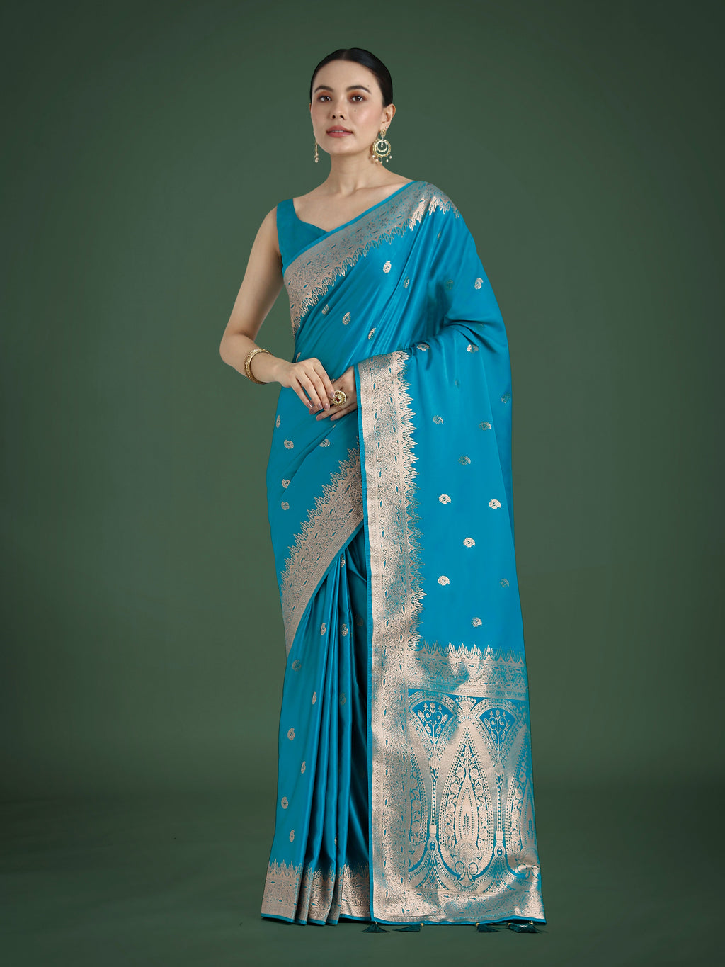 Monjolika Fashion Divine Cyan blue Soft Banarasi Satin Silk Saree With Blouse Piece - Distacart